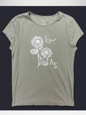 American Eagle Outfitters Olive Green Sunflower Graphic Ribbed Tee